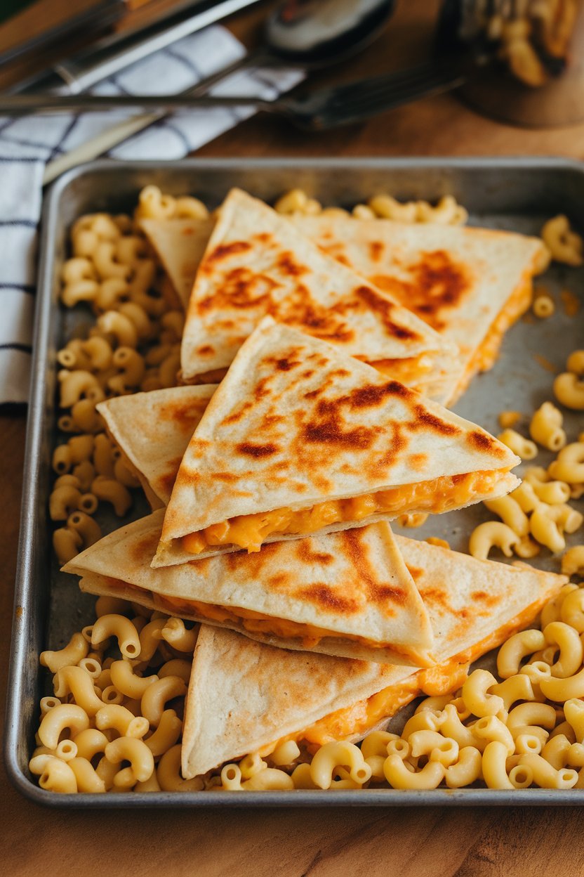 Warm kitchen table photo of mac-and-cheese quesadilla triangles, elbow pasta spilling out, no branding.