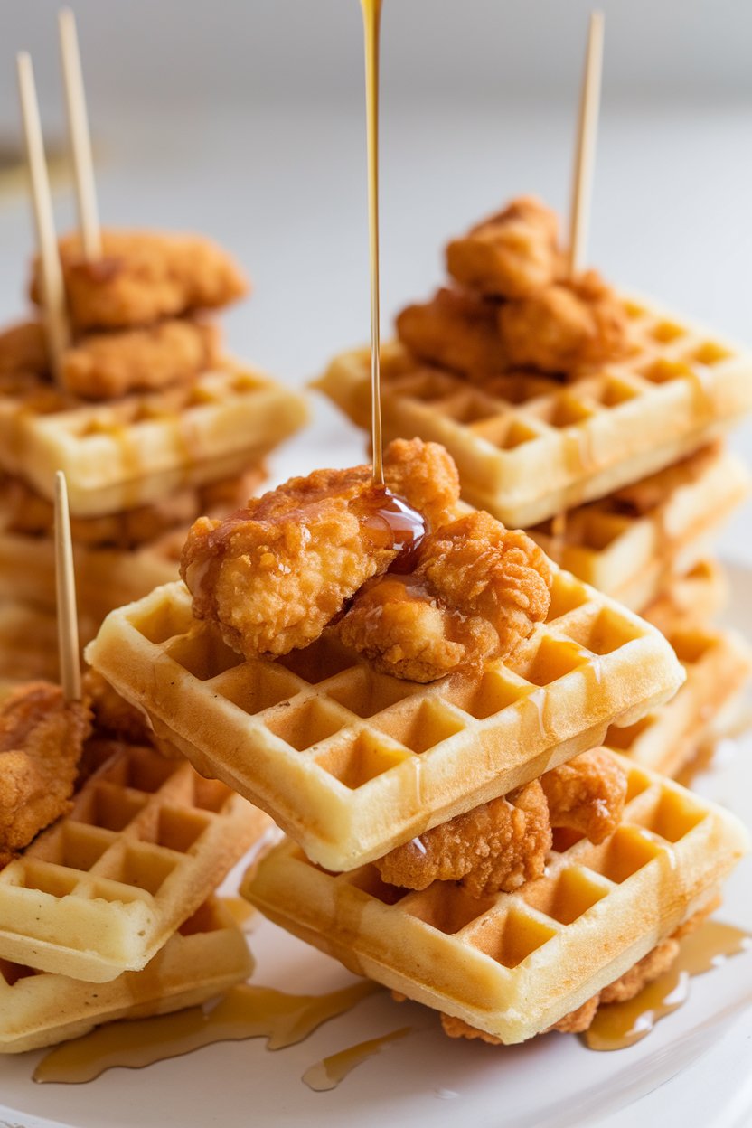 Indoor photo of skewered mini waffle quarters topped with crispy chicken nuggets and a drizzle of maple syrup. No visible text or branding.