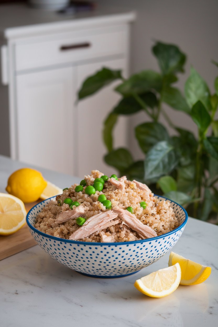 Indoor kitchen island showing a bowl of fluffy quinoa mixed with shredded chicken and bright green peas, lemon wedges nearby; no text or logos; photo.