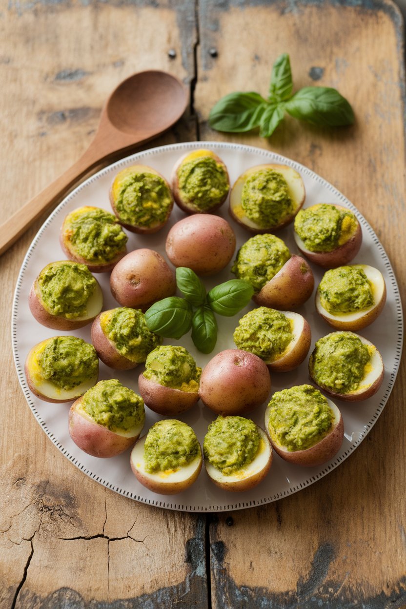 An indoor platter of halved baby potatoes filled with bright green pesto egg yolk mixture. No logos or text.