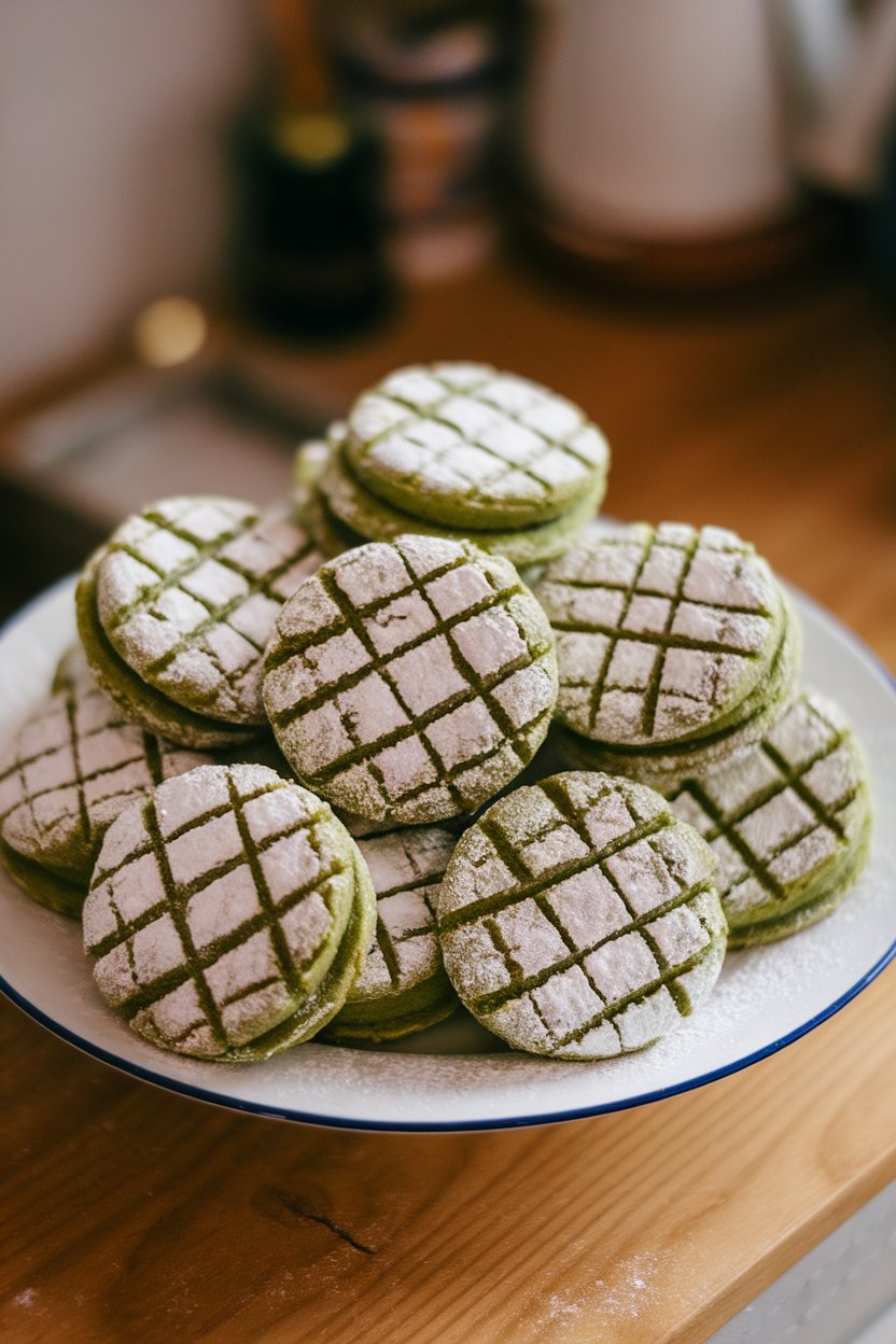A white plate indoors filled with round matcha almond cookies scored with criss-cross fork marks. No text or logos.