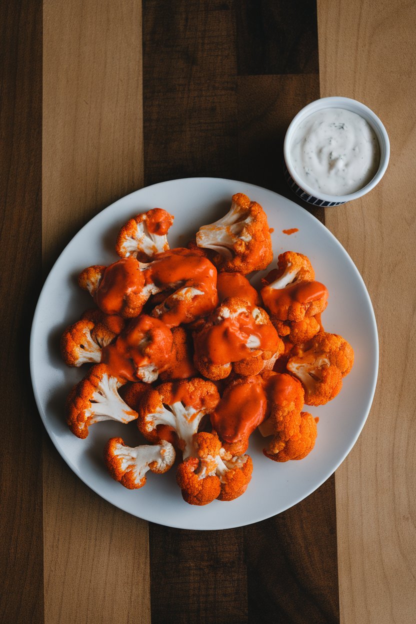 Indoor photo of roasted cauliflower florets coated in bright Buffalo sauce on a white plate with ranch dip; no text or logos.