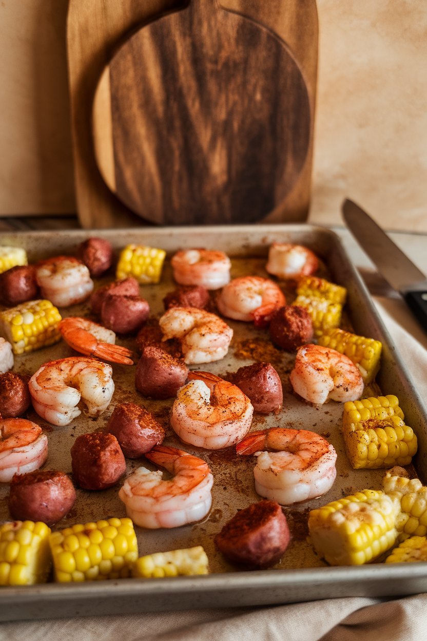 Indoor photo of roasted shrimp, andouille sausage slices, baby potatoes, and corn pieces dusted with Cajun seasoning on a sheet pan. No text or logos.