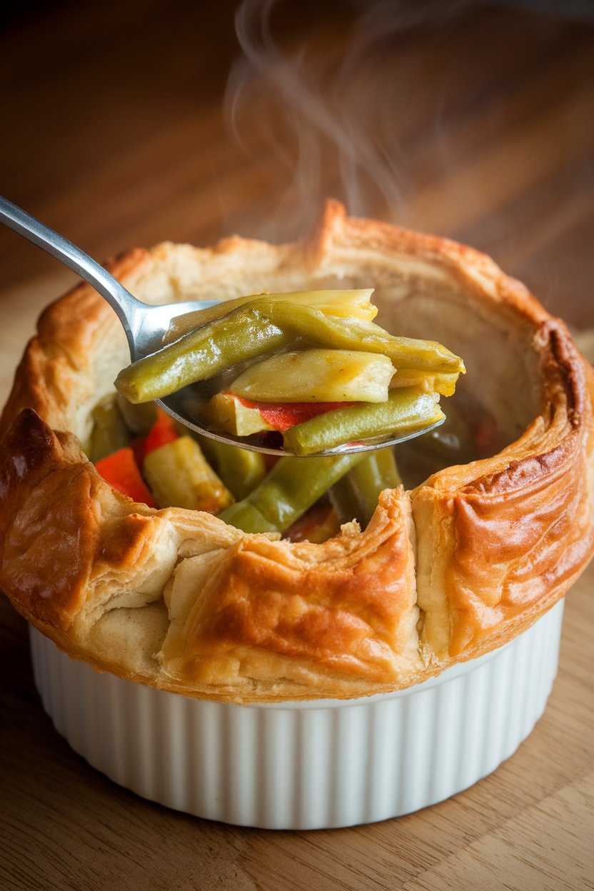 An indoor ramekin topped with puff pastry crust, a spoon opening the lid to reveal creamy green curry vegetables. No text or logos. Photo.