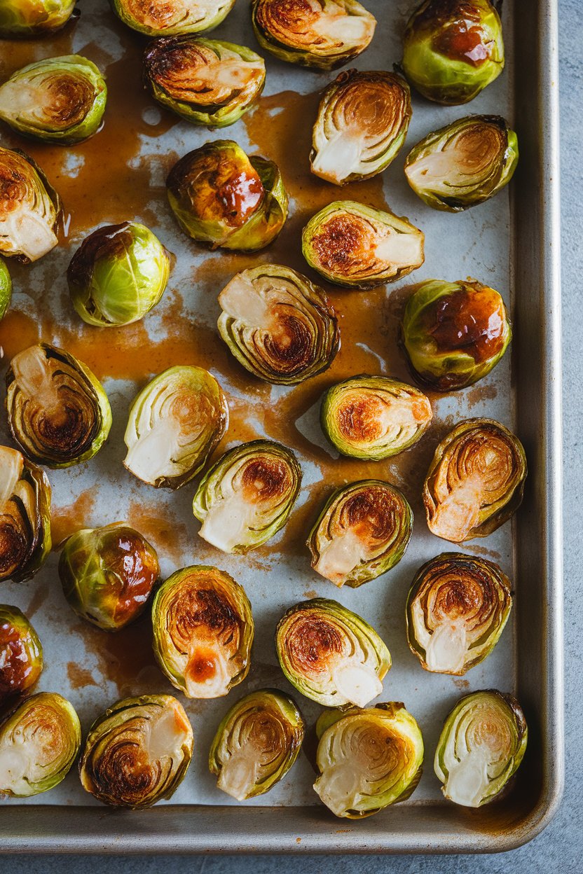 Photo prompt: Indoor baking sheet covered with caramelized Brussels sprouts halves glistening in maple-sriracha glaze. No logos or text. Photo, not illustration.