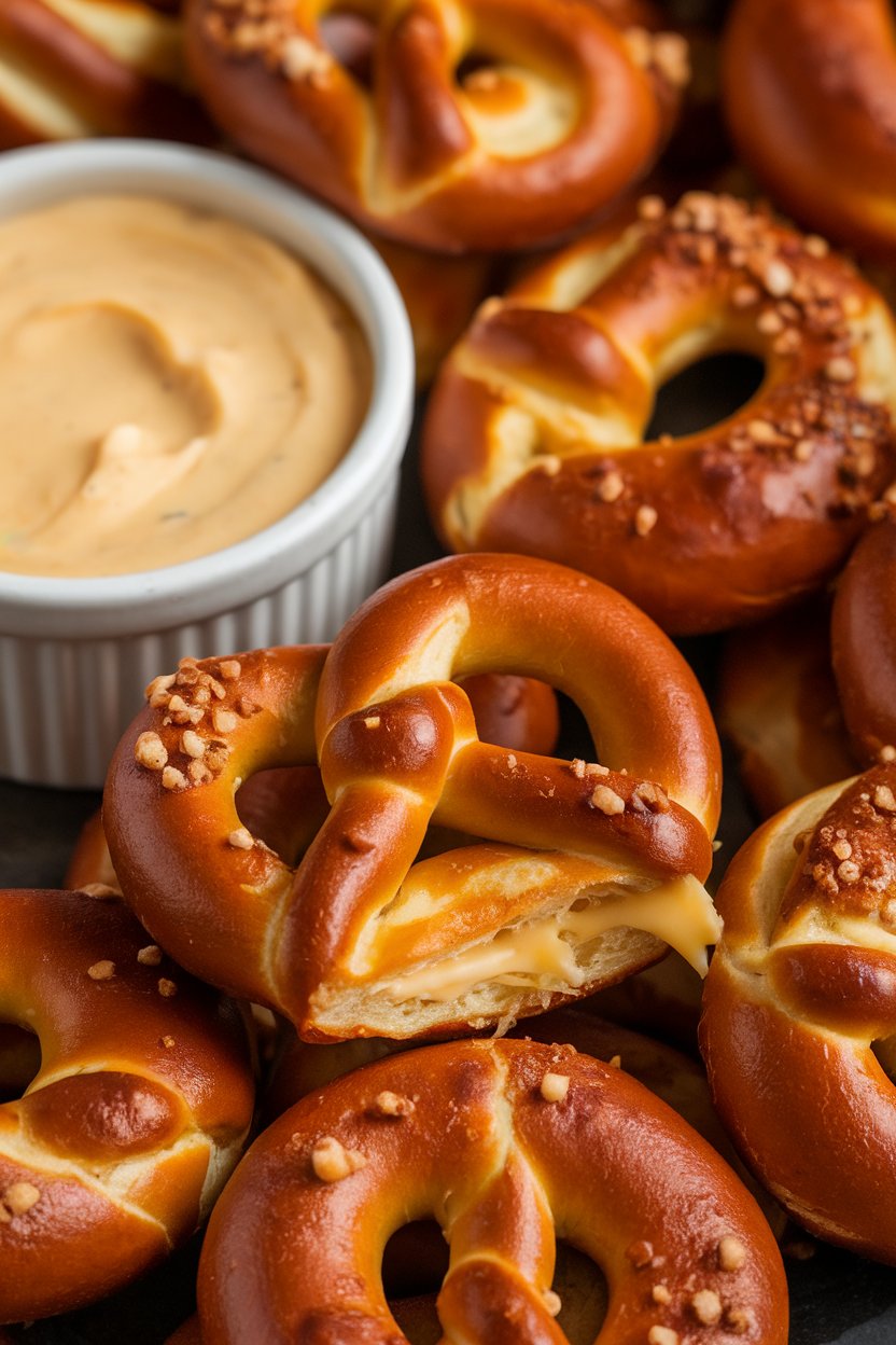An indoor close-up of soft pretzel bites with cheese peeking out of the seams, a small ramekin of beer cheese dip nearby—no text or logos. Photo, not illustration.