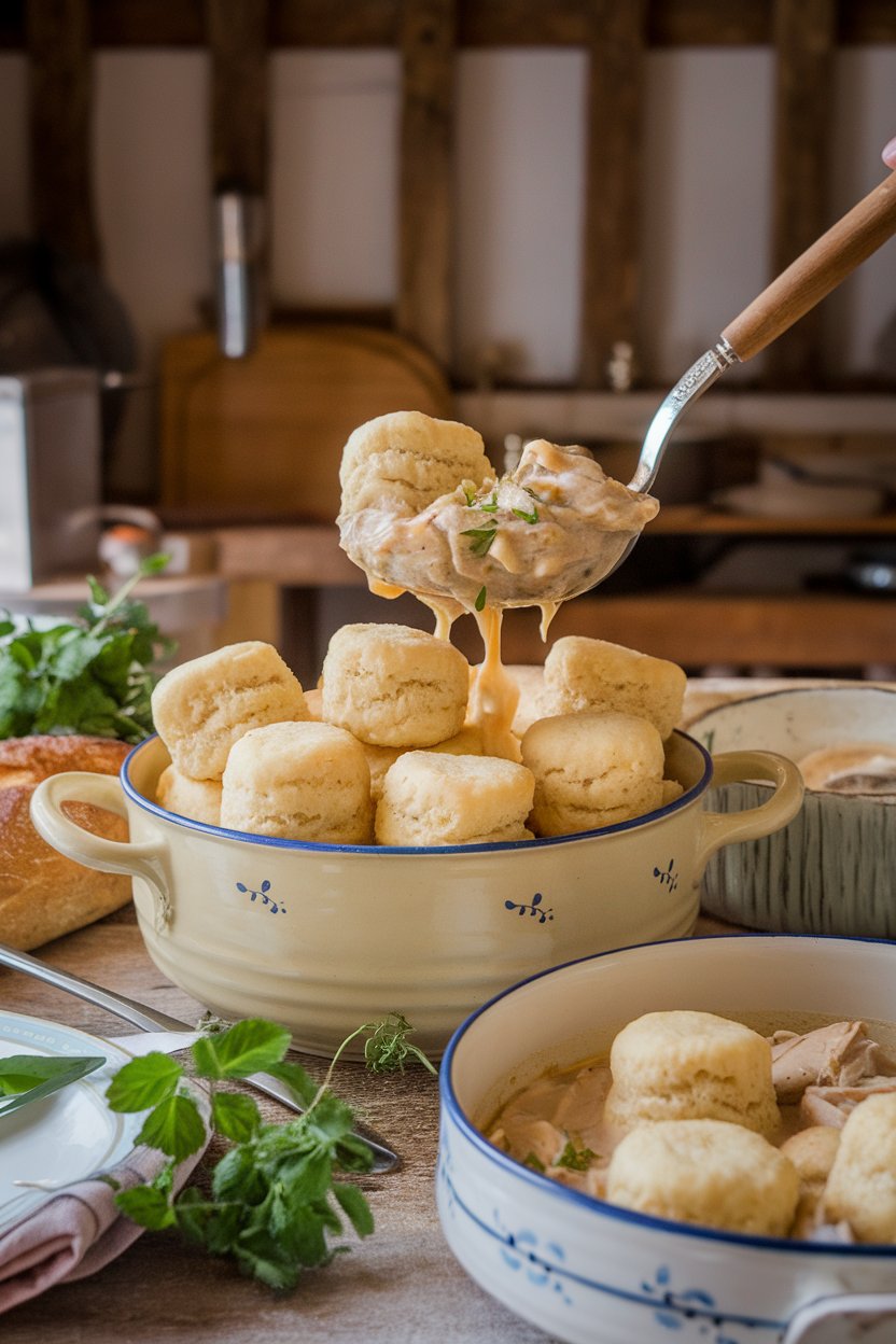 Indoor farmhouse table with a ladle lifting fluffy biscuit dumplings from creamy chicken stew. No text or logos. Photo.