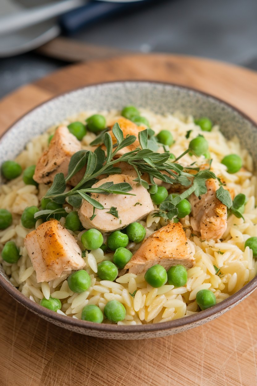 Indoor shallow bowl of lemony orzo studded with chicken pieces and peas, herbs on top. Photo only.