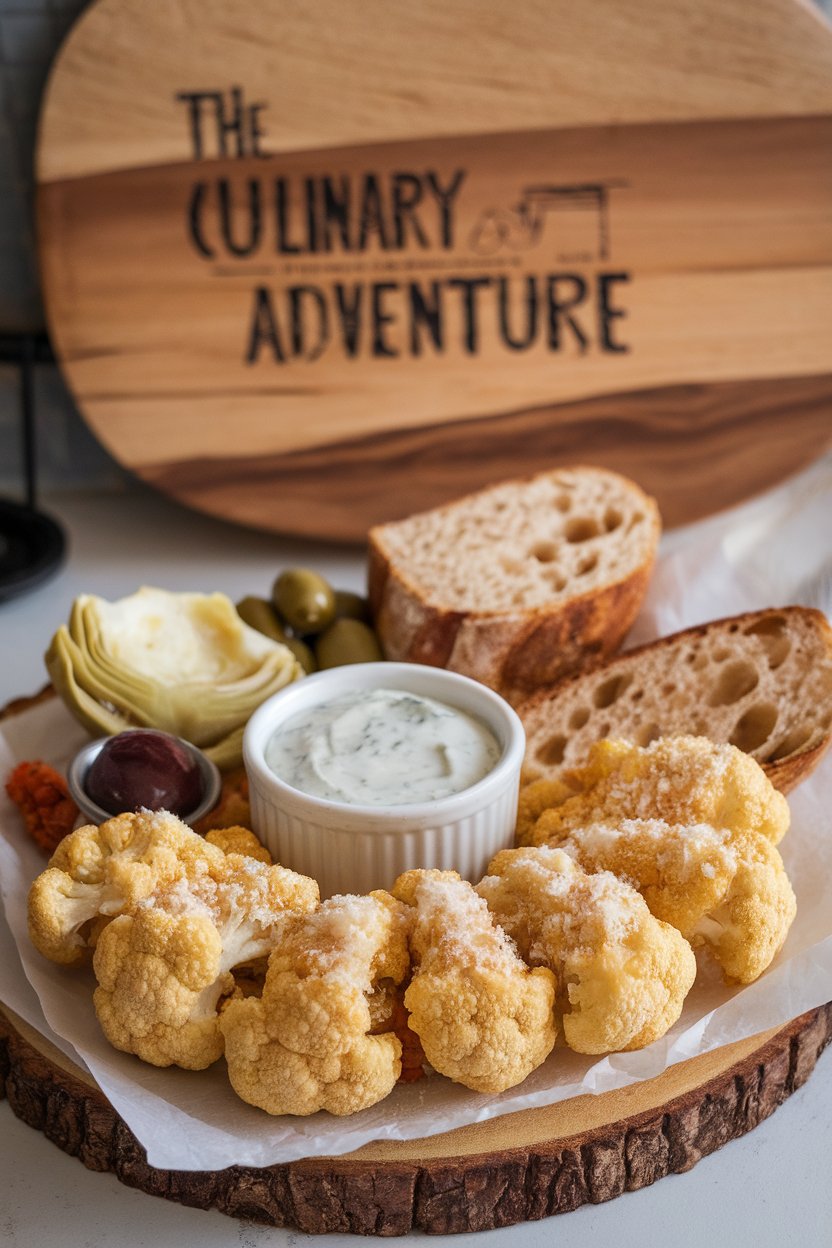 An indoor tasting board featuring roasted cauliflower “wings” coated in garlic butter and grated Parmesan, served with ranch dip; no text or logos.