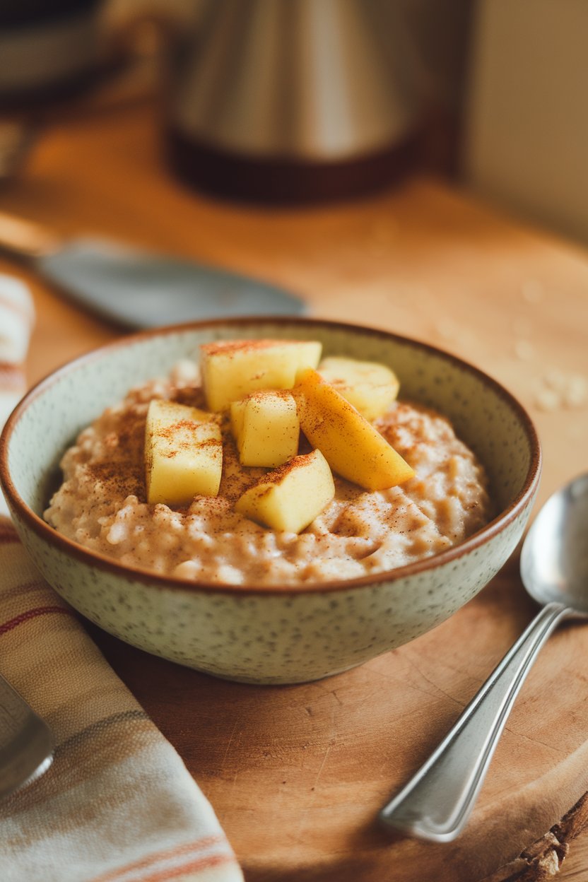 An indoor bowl of cinnamon-spiced oatmeal topped with sautéed apple cubes and a dusting of nutmeg. No text or logos visible. Photo, not illustration.