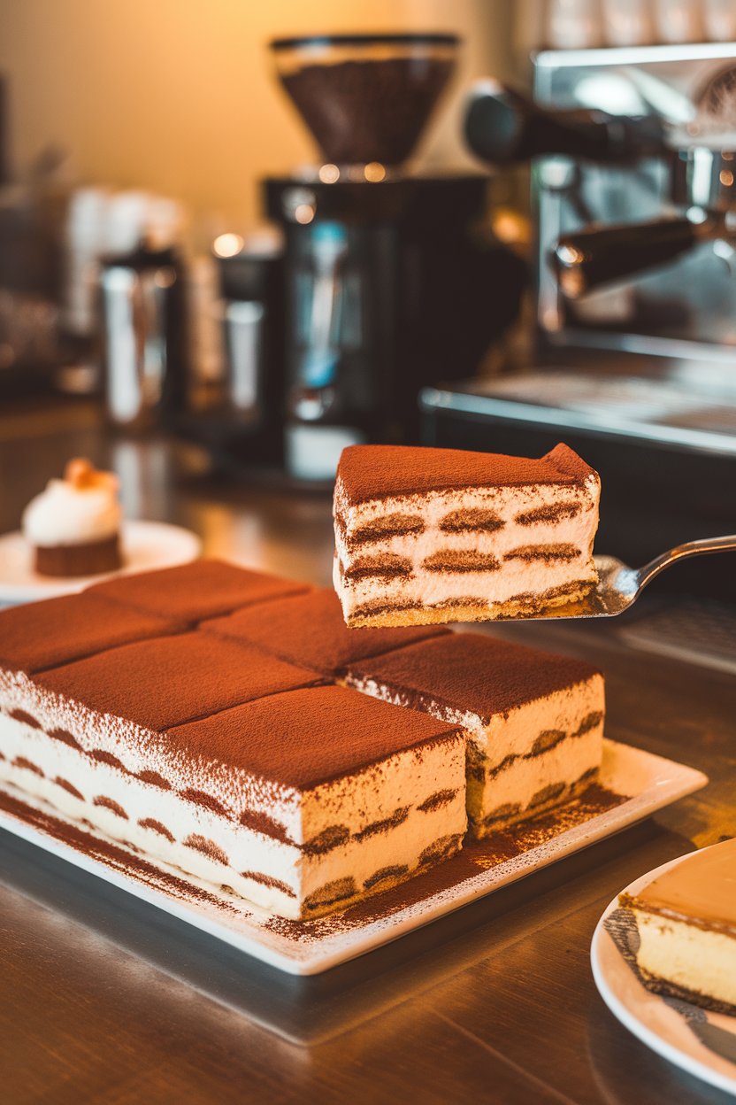 An indoor espresso-bar setting with a rectangular tiramisu cake dusted heavily with cocoa, slice lifted by spatula—no text or logos.