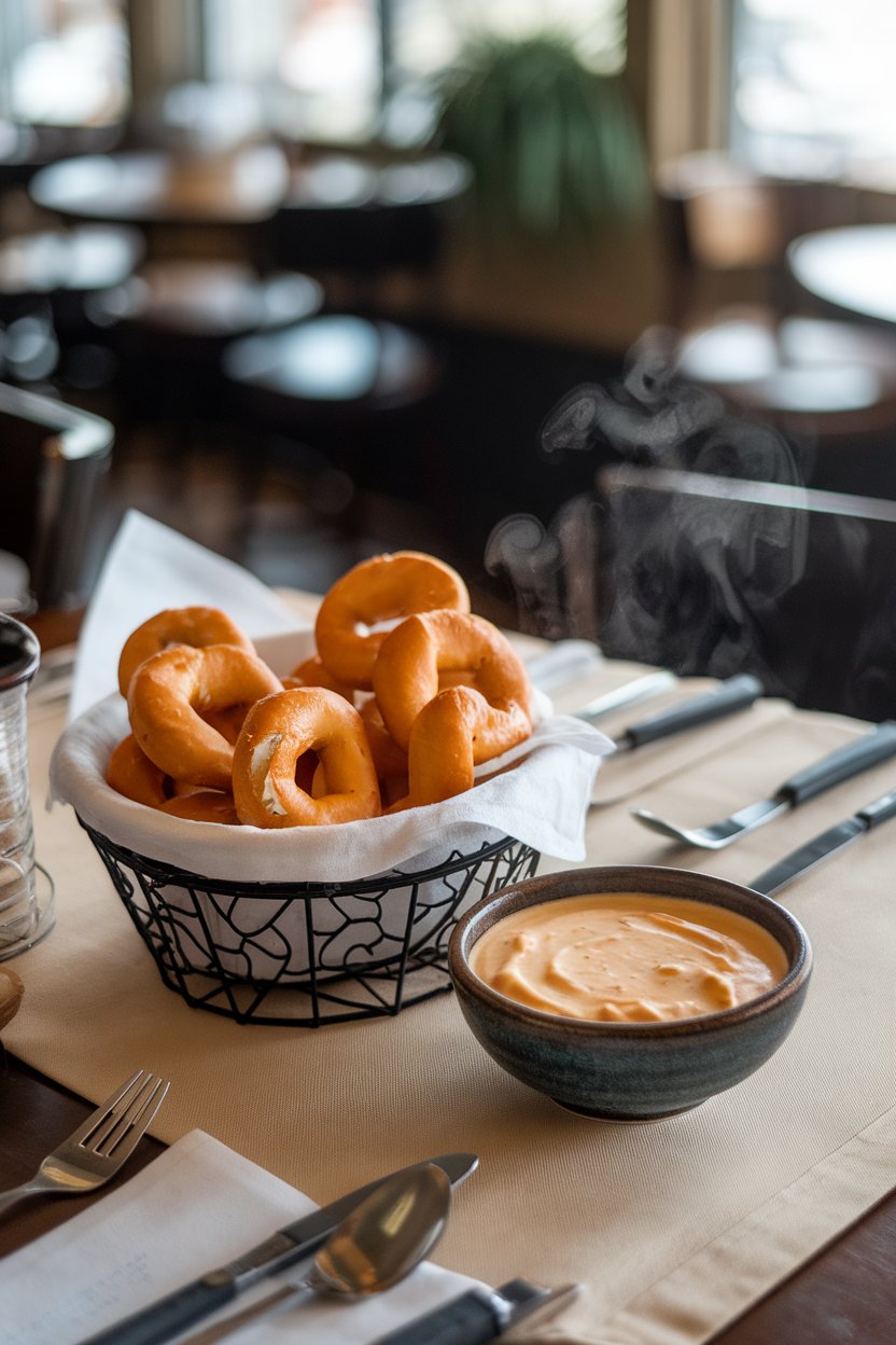 Indoor pub-style table with soft pretzel bites piled in a basket and a small bowl of warm beer cheese dip, steam rising. No text or logos.