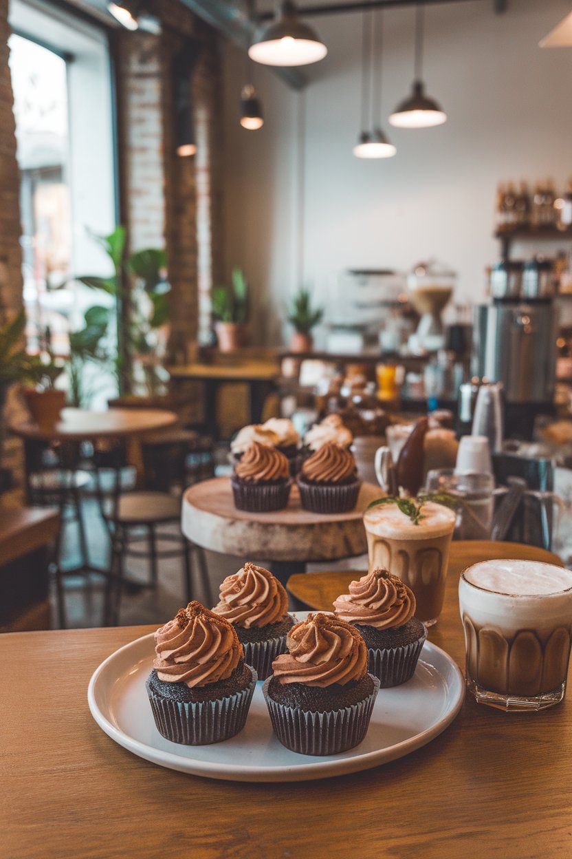 An indoor café scene with mocha cupcakes topped with whiskey-flavored whipped cream and a dusting of cocoa, no text or logos. Photo only.