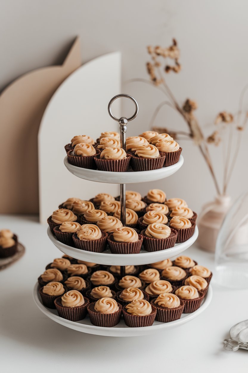 Indoor photo of mini brownie cups with peanut butter swirls on top, arranged on a tiered stand; no text or logos