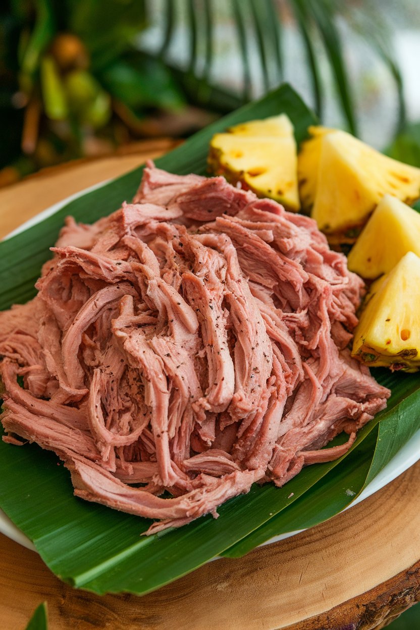 An indoor platter of shredded Hawaiian Kalua pork with pineapple wedges on side, no text or logos.