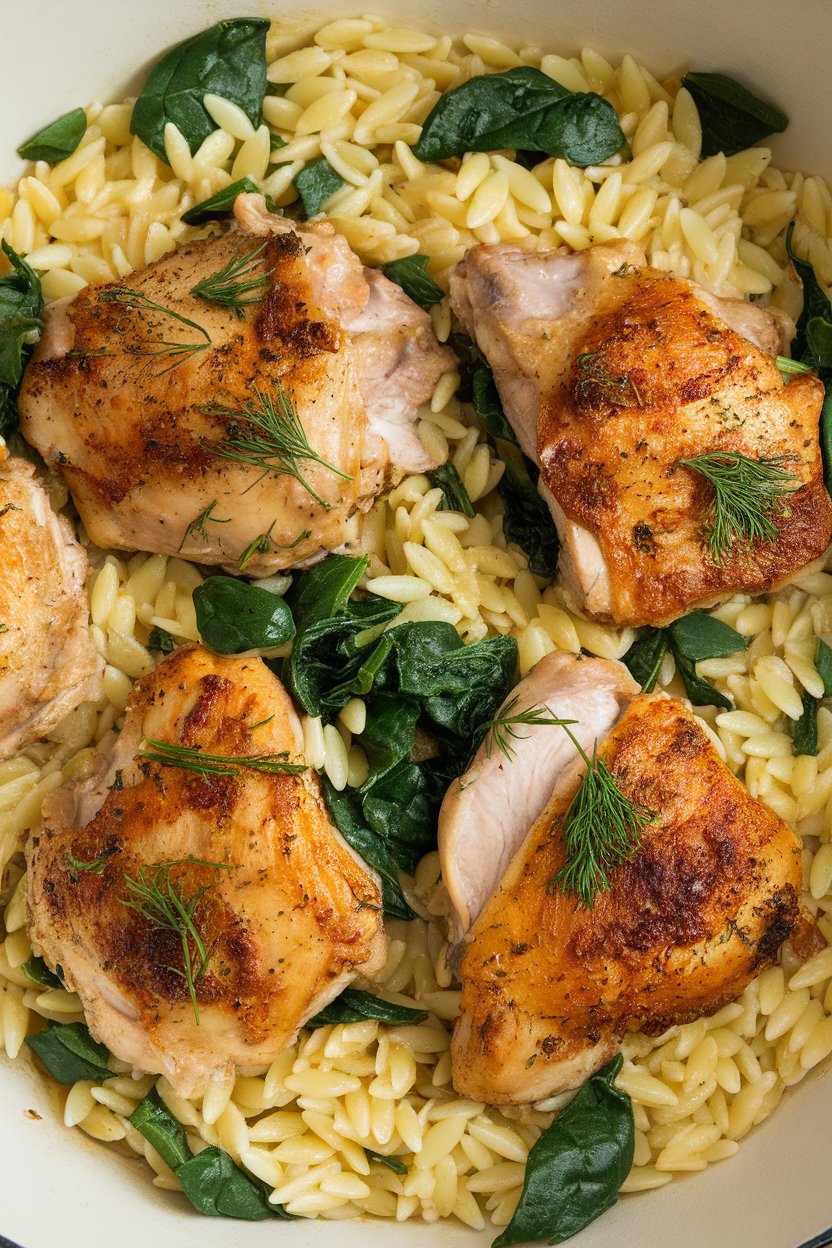 Indoor photo of lemon dill chicken thigh pieces over orzo pasta dotted with spinach, no text.