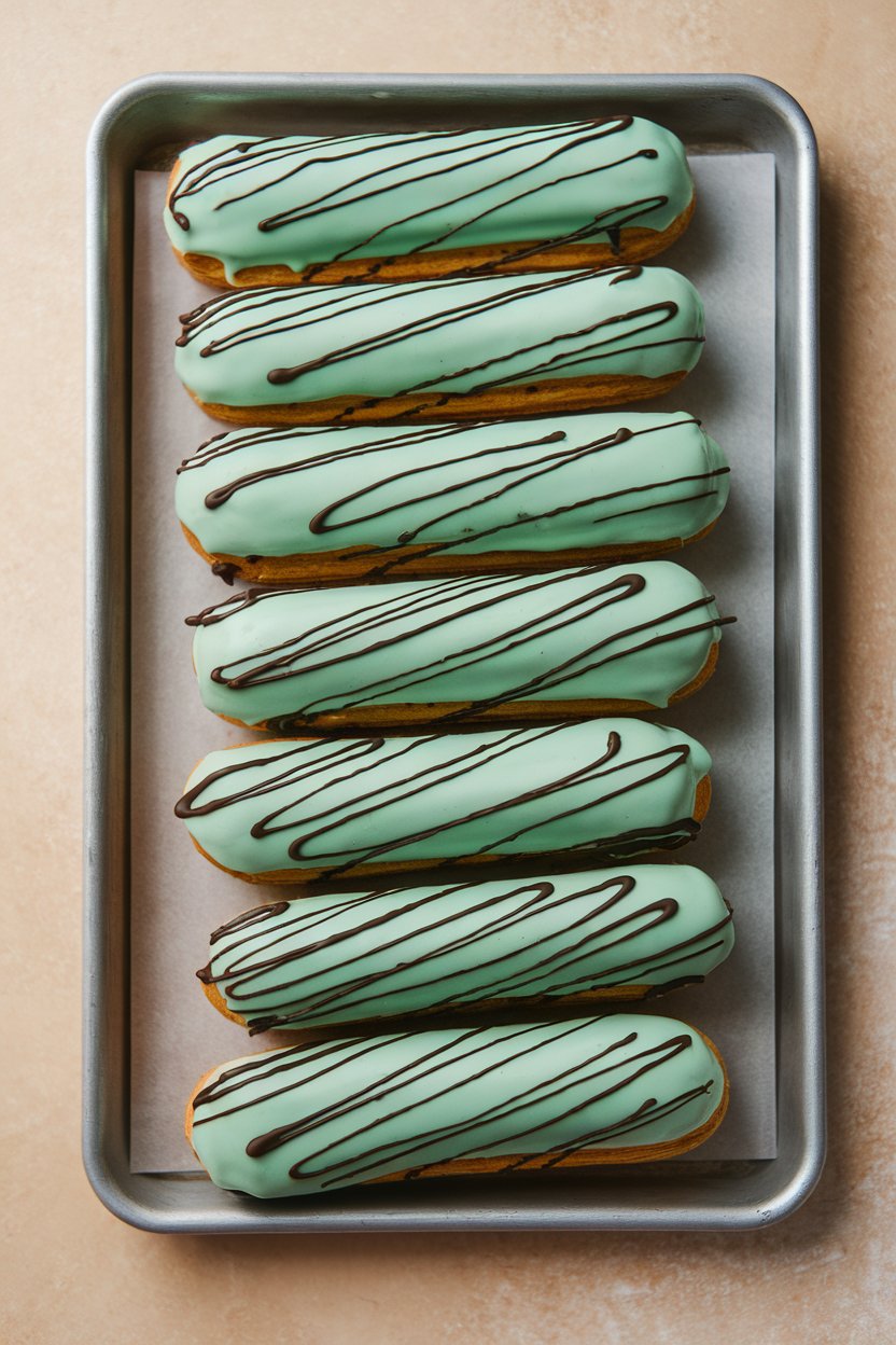 An indoor pastry tray lined with elongated éclairs glazed in mint-green icing and drizzled with dark chocolate, no text or logos. Photo only.
