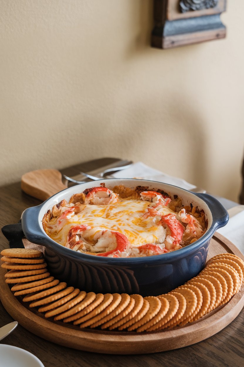 An indoor dining table with a ceramic baking dish of bubbling hot crab dip topped with melted cheese, crackers arranged around. No text or logos. Photo, not illustration.