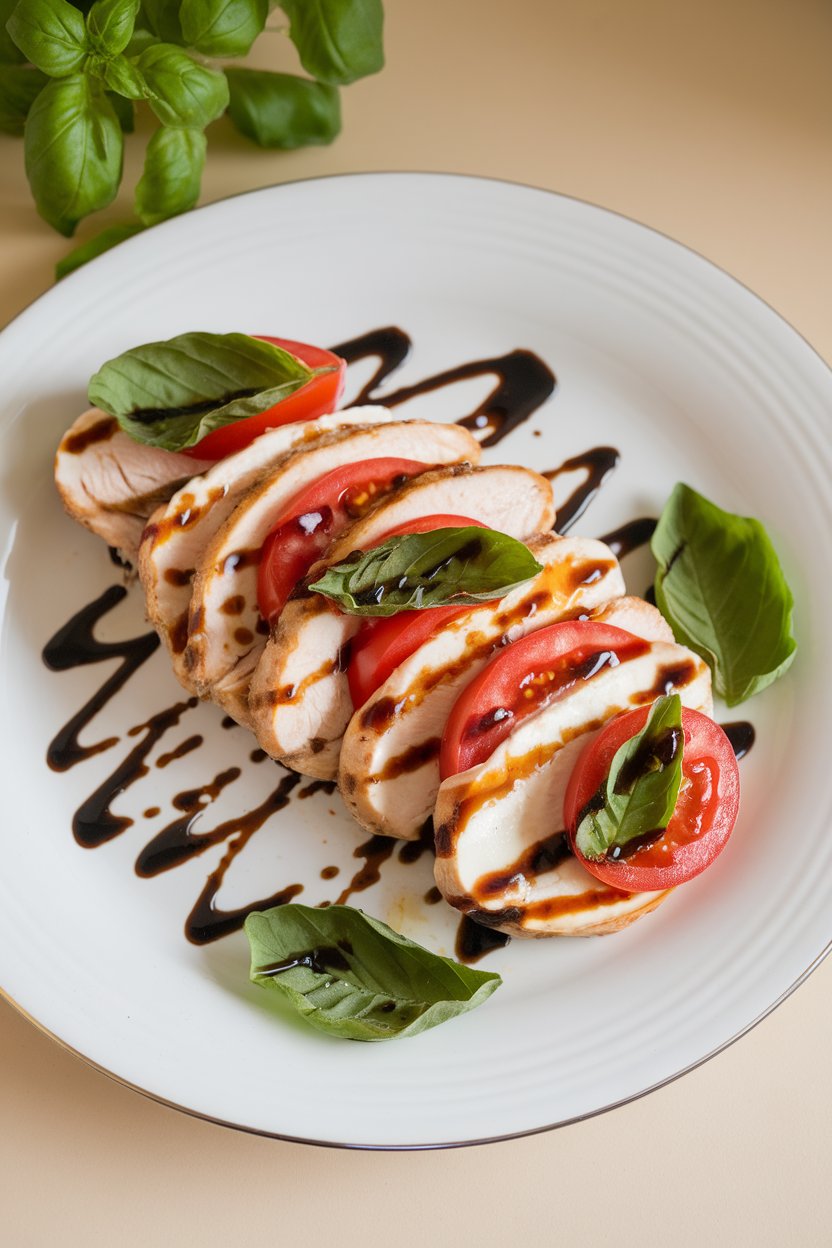 Indoor photo of sliced chicken breast revealing melted mozzarella, tomato slices, and basil leaves, set on a white plate with balsamic drizzle. No text or logos.