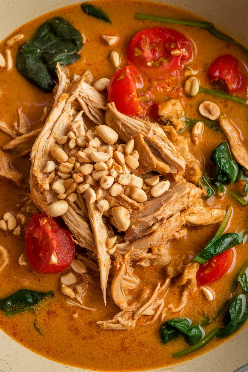 Indoor photo of a thick stew with shredded chicken, peanut-based broth, tomatoes, and spinach, garnished with crushed peanuts; no text or logos.