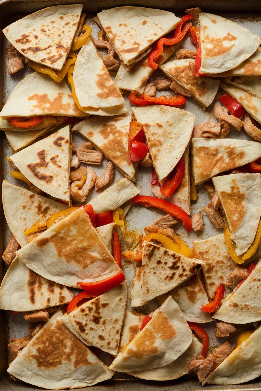 Indoor photo of a sheet pan piled with chicken-strip and bell-pepper quesadilla wedges, seared peppers visible at the cut edges, no text or logos.