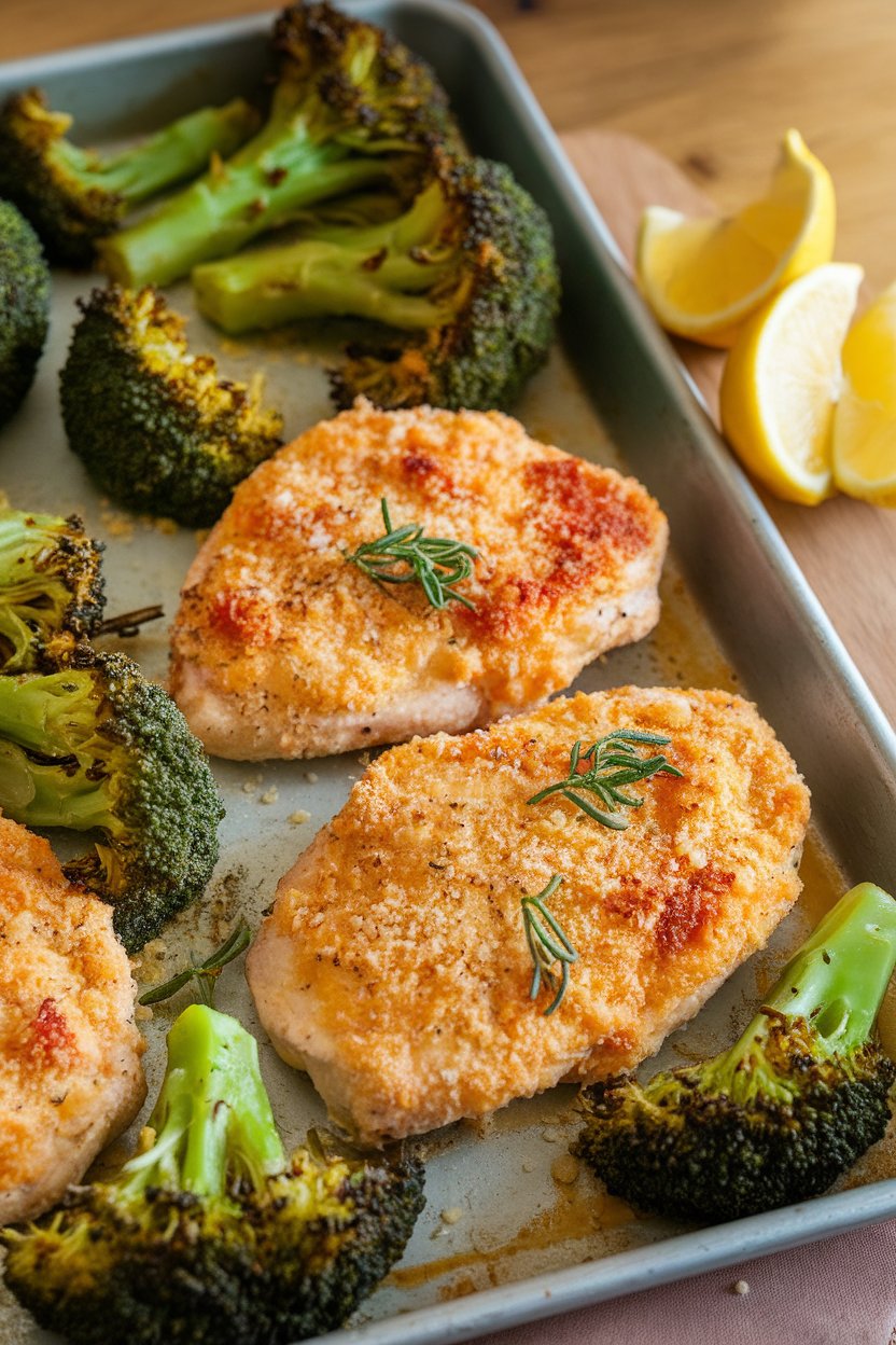 Indoor photo of golden parmesan-coated chicken cutlets and bright green roasted broccoli on a sheet pan, lemon wedges off to the side. No text or logos.