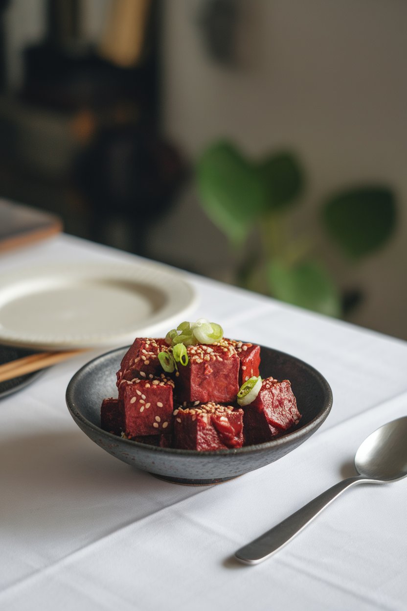 Photo prompt: Indoor table featuring deep red gochujang-coated tofu cubes with sesame seeds and sliced scallions. No text or logos.