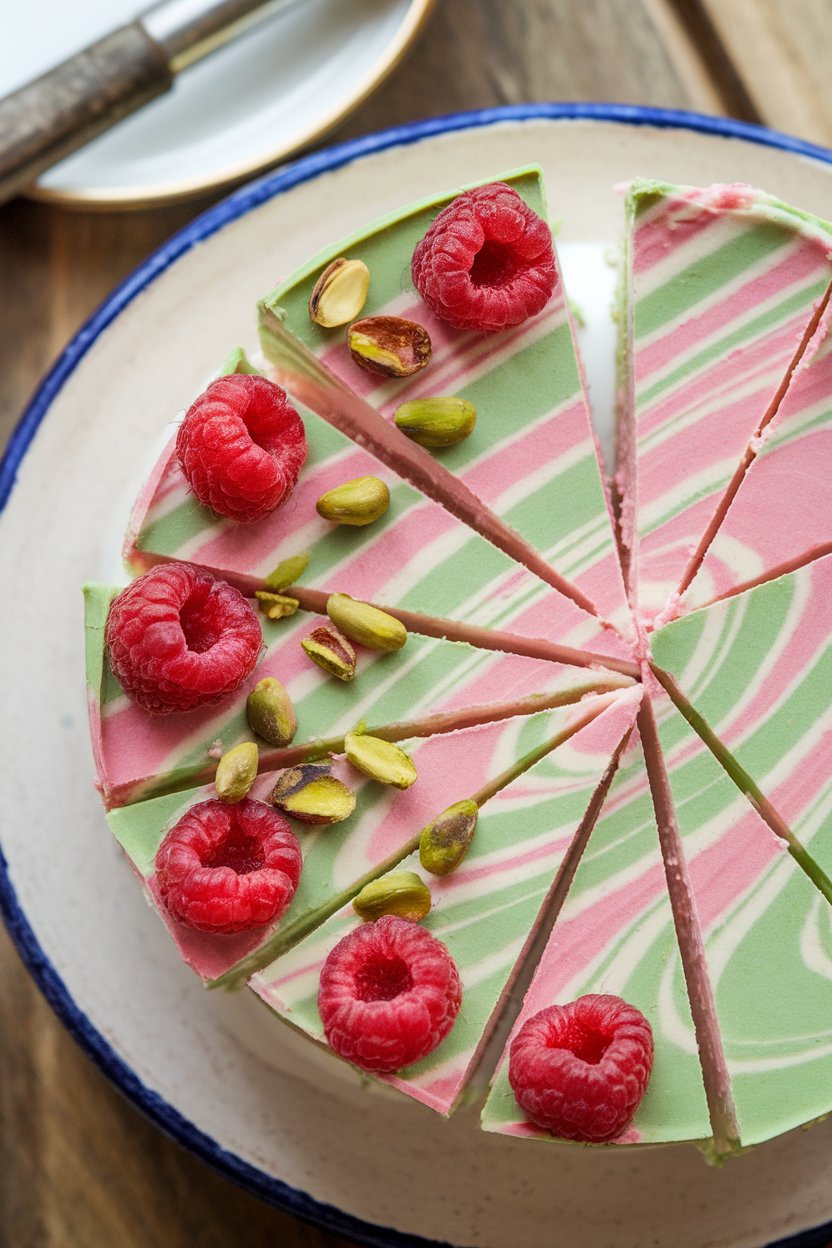Photo of sliced raspberry pistachio semifreddo on an indoor ceramic platter, green nuts and pink berries creating marbled stripes. No text or logos.