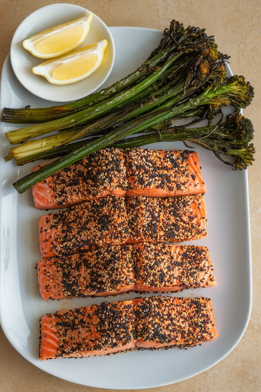 Indoor photo of salmon fillets coated in black and white sesame seeds, broccolini stalks roasted nearby, lemon wedges on side. No text or logos.