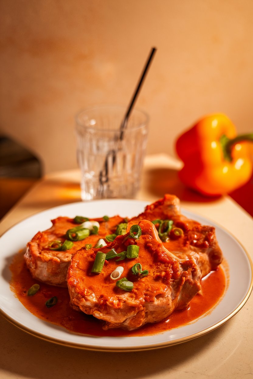 Indoor scene of pork chops in tangy orange-red sweet and sour sauce, bell peppers visible, no text or logos.