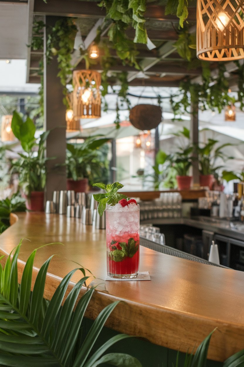 An indoor tropical-style bar with tall glass of raspberry mojito, mint sprig, raspberries among crushed ice; photo, not illustration; no text or logos.