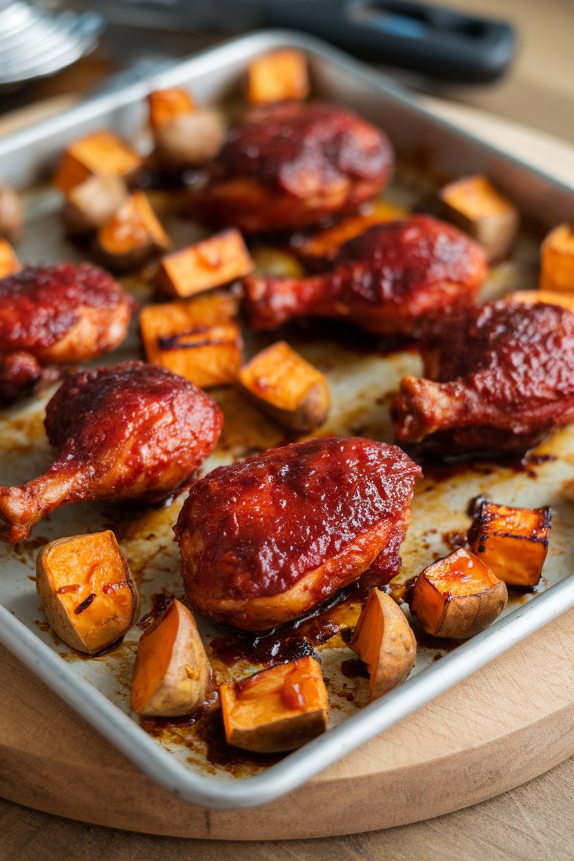 Indoor photo of deep-red gochujang coated chicken pieces, roasted sweet-potato cubes charred lightly on a sheet pan. No text or logos.