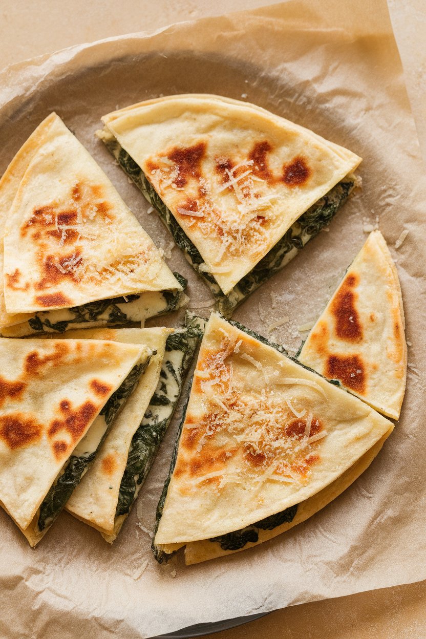 Indoor image of spinach-and-goat-cheese quesadilla triangles on parchment, no text or logos.