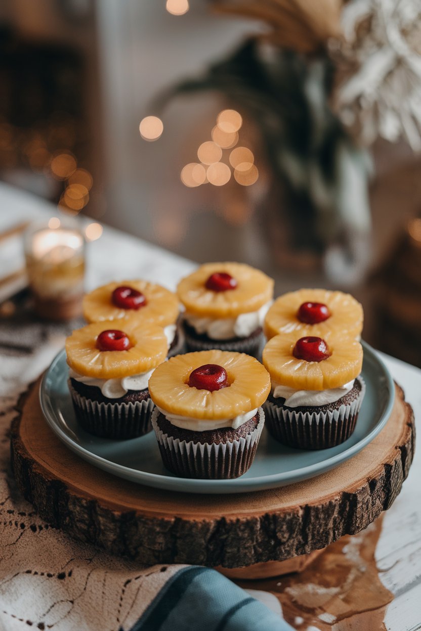 Photo of cupcakes inverted on plate showing caramelized pineapple ring and cherry center, indoor, no text or logos