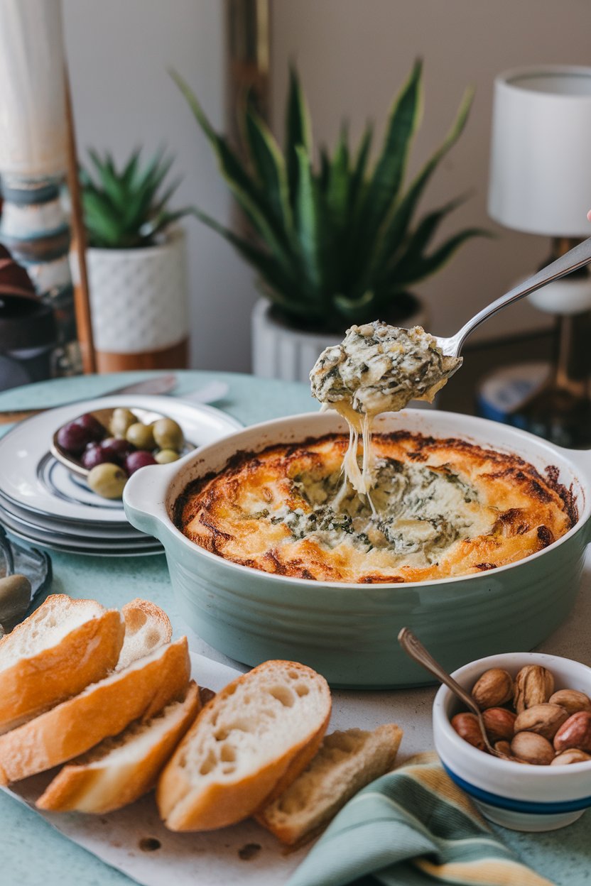 An indoor coffee table displaying a bubbling casserole dish of spinach-artichoke dip, a spoon lifting a gooey scoop beside slices of toasted baguette. No text or logos. Photo, not illustration.