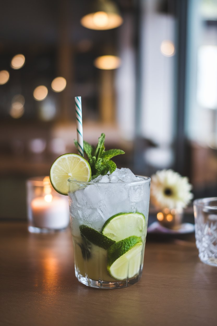 Indoor restaurant table with a muddled mint and lime mocktail, crushed ice to the brim, no text or logos present.