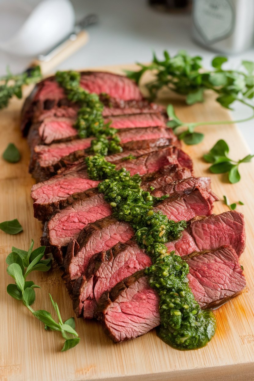Indoor cutting board with sliced cooked flank steak drizzled with green chimichurri, no text or logos