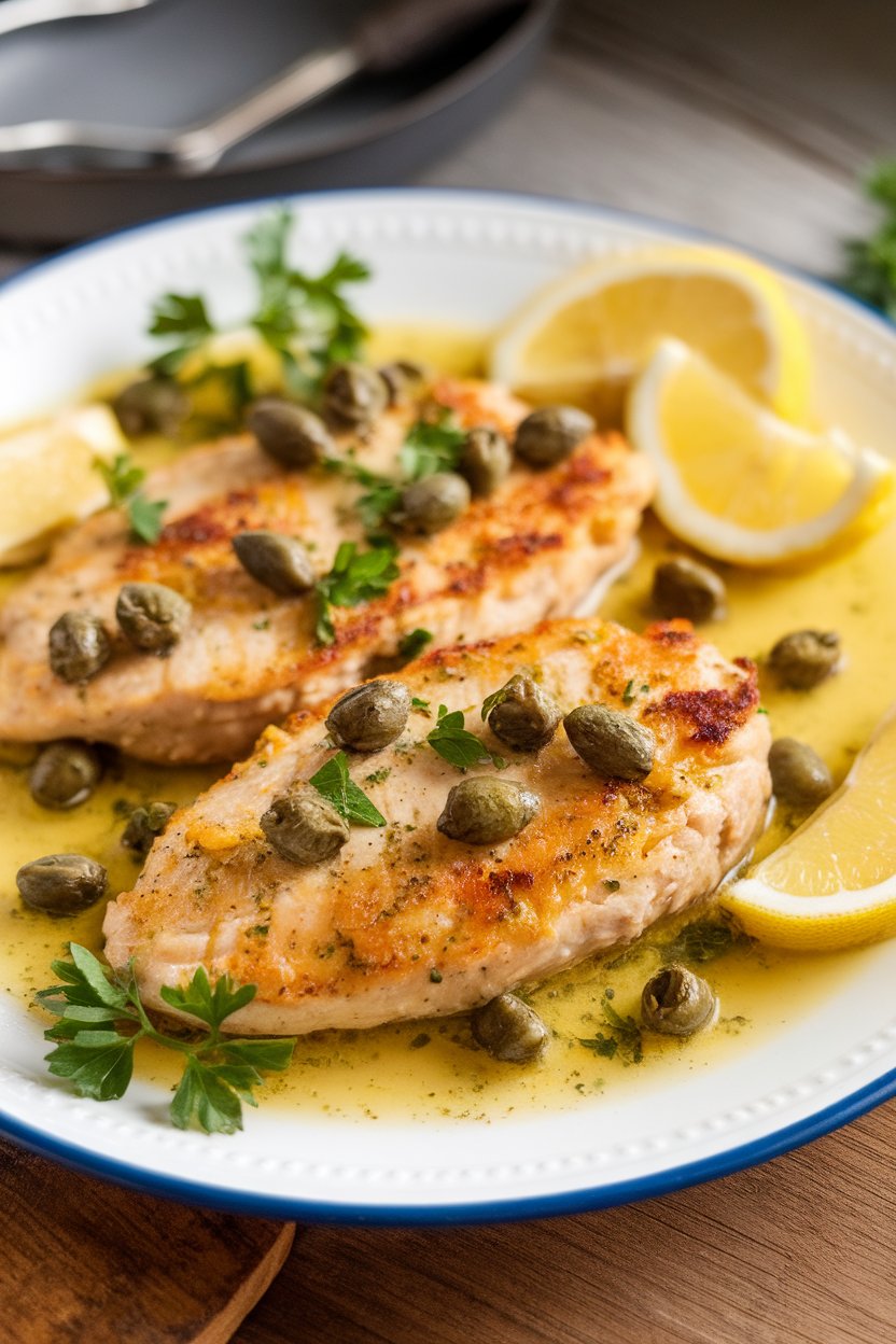 Indoor photo of chicken cutlets in a bright lemon-caper sauce, garnished with parsley, no text or logos