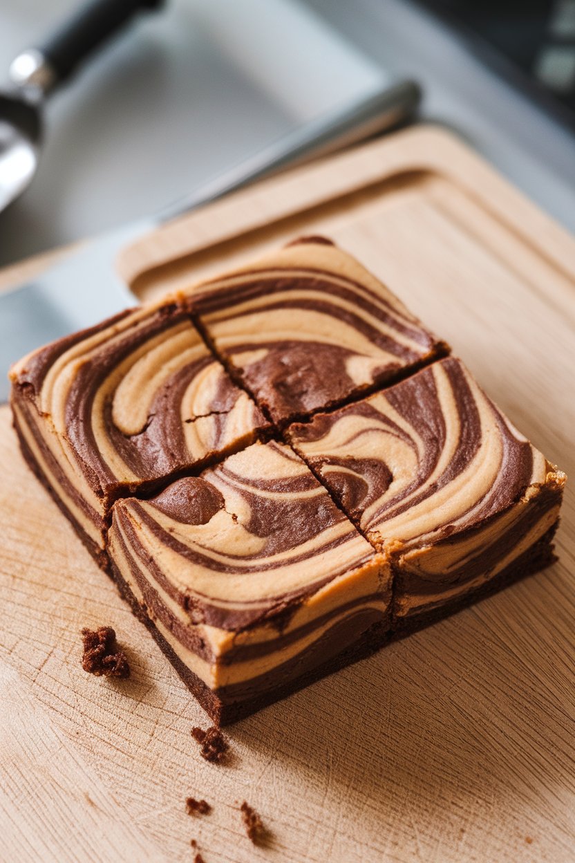 Photo of square peanut butter swirl brownies on an indoor wooden cutting board, swirl pattern clearly visible. No text or logos.