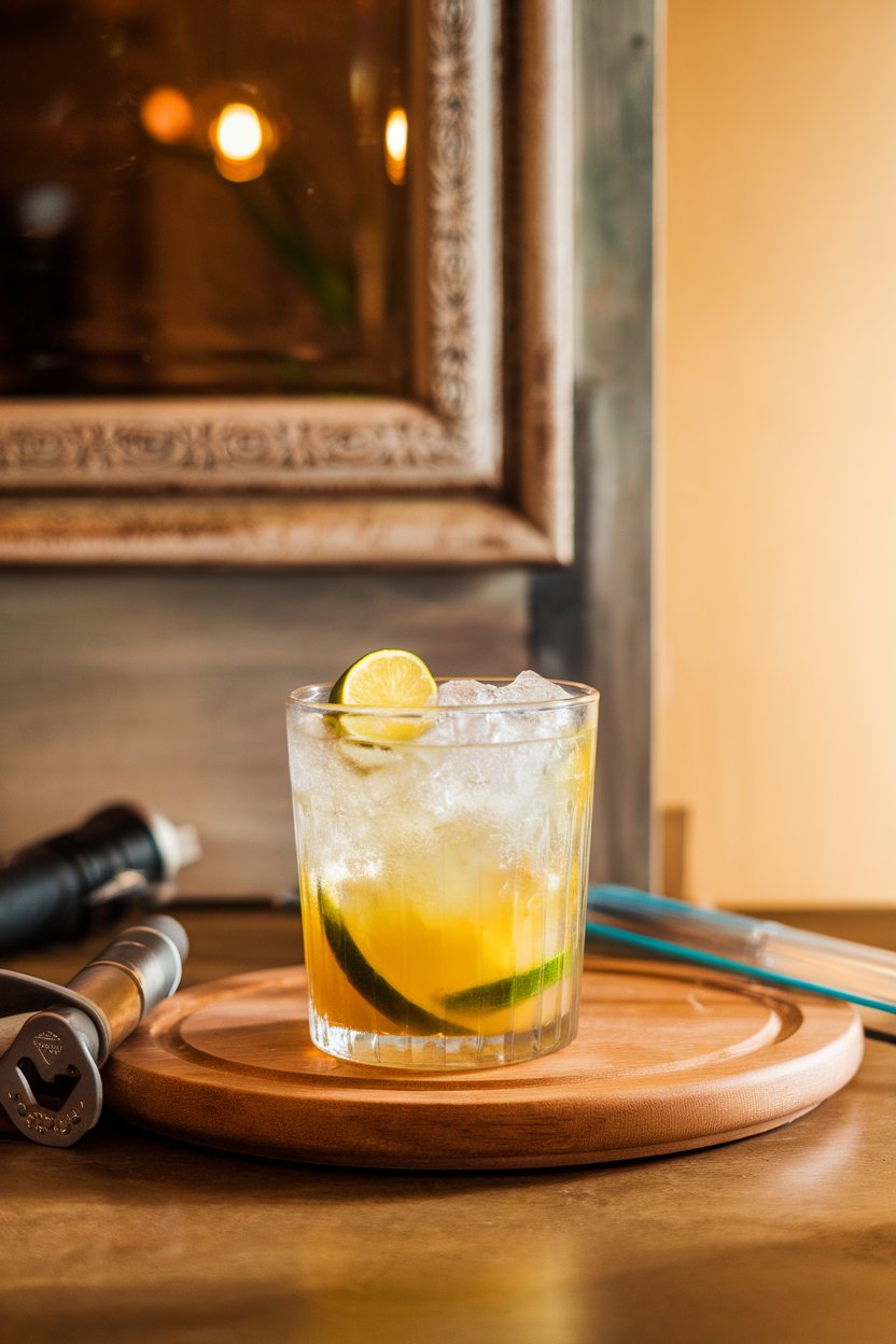 Indoor bar photo of a rocks glass with crushed ice, bright yellow drink, and lime wedges muddled at the bottom; no logos or text.