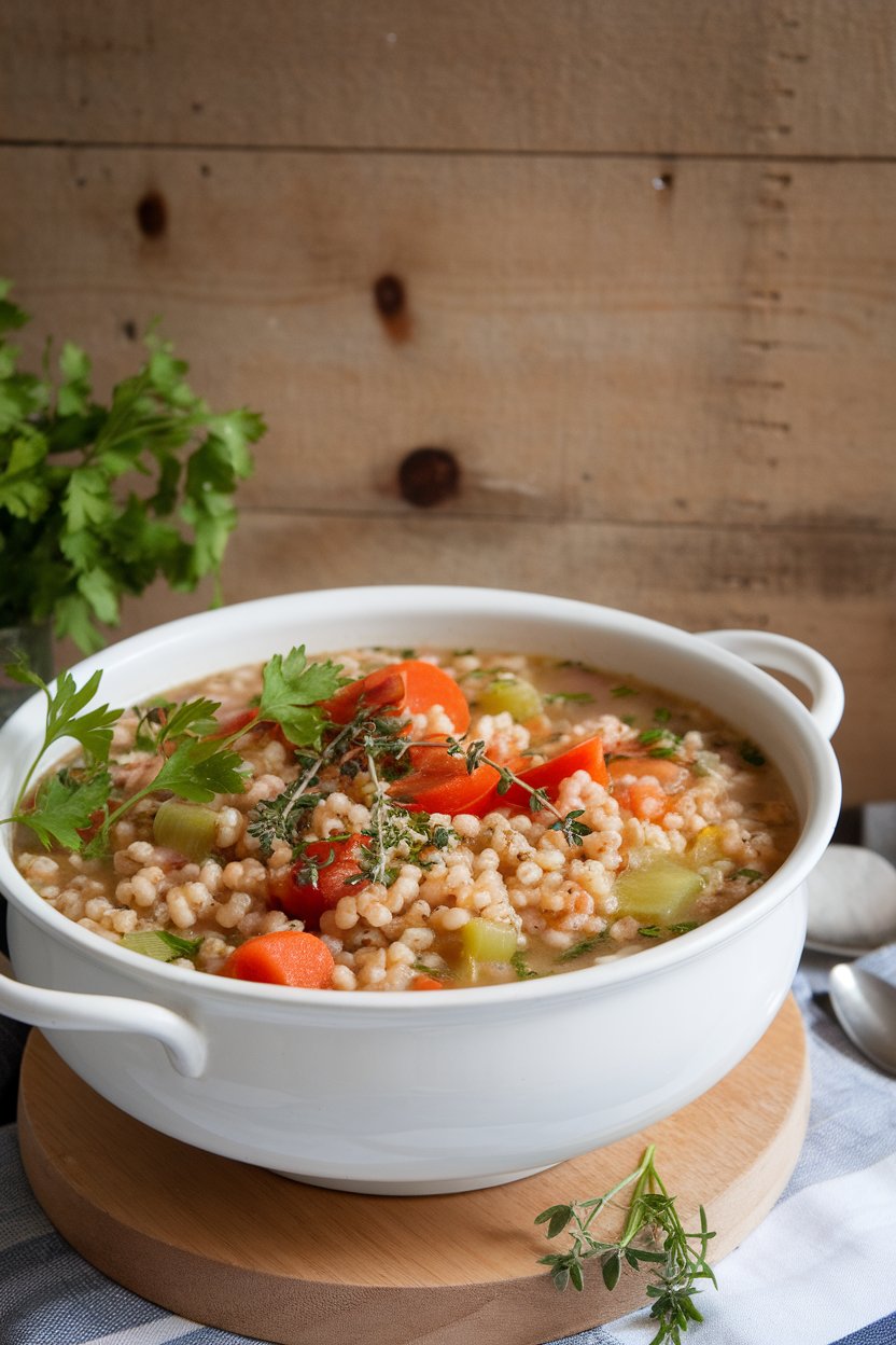Indoor photo of a large white soup bowl filled with cooked barley, carrots, celery, and tomatoes in a light herb broth. No text or logos present.