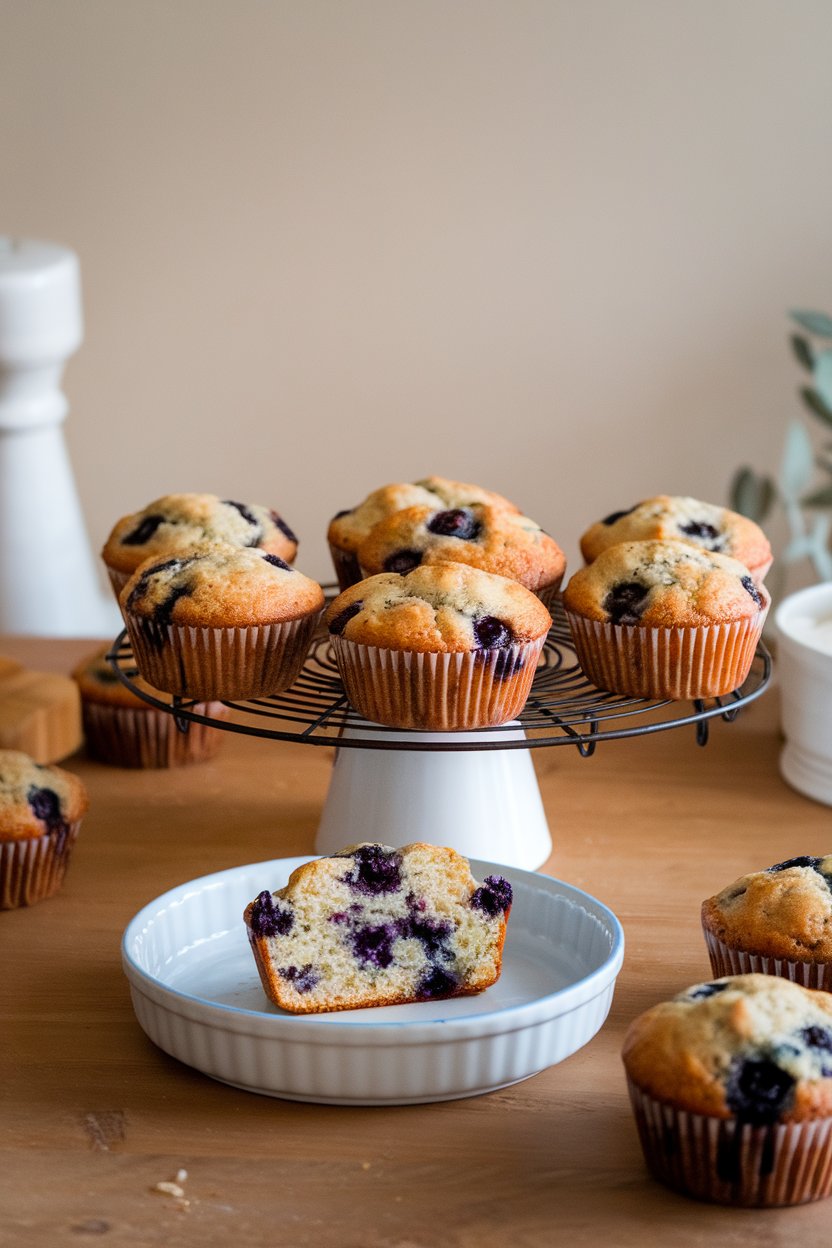 Indoor dining table with a cooling rack of golden oatmeal blueberry muffins. No text or logos.