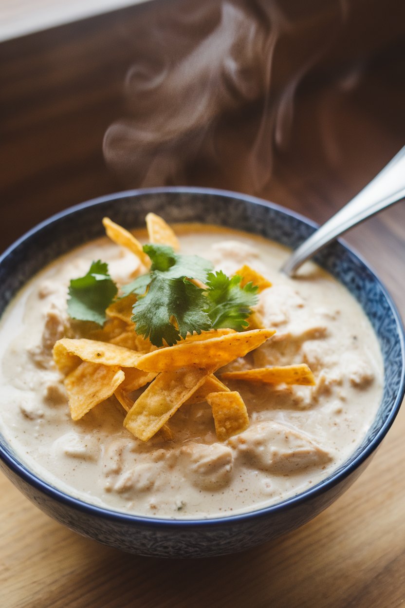Indoor photo of a creamy white chicken chili topped with tortilla strips and cilantro, steam visible; no text or logos