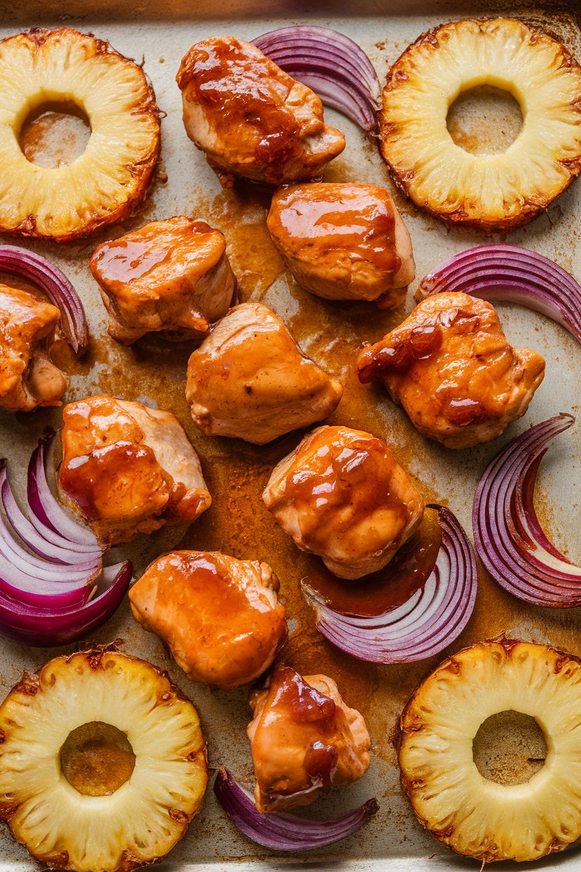 Indoor photo of honey-sriracha glazed chicken chunks, pineapple rings, and red onion roasting on a sheet pan. No text or logos.