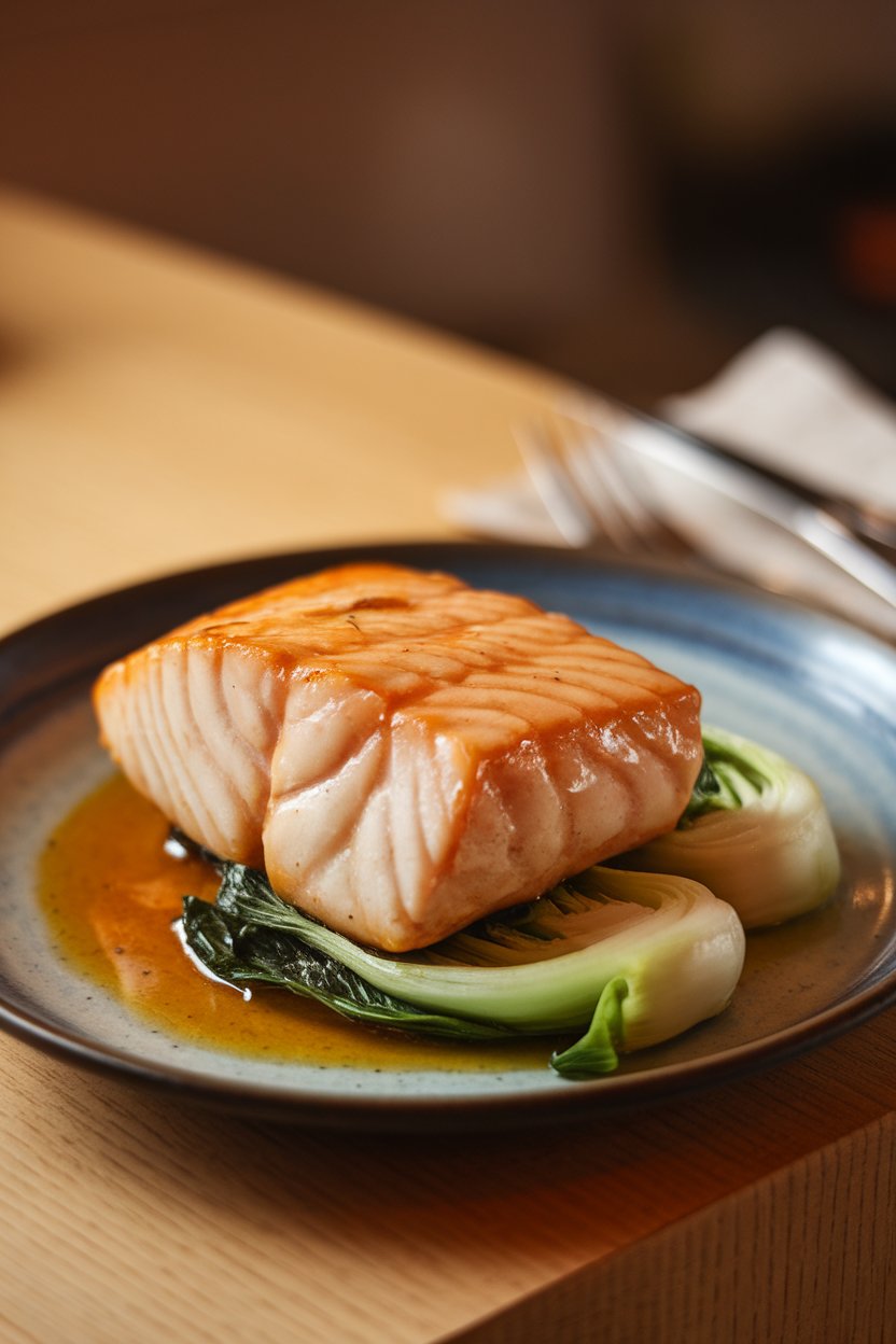 Photo of a plate featuring cooked miso-glazed cod and sautéed bok choy, warm indoor restaurant-style lighting. No text or logos.