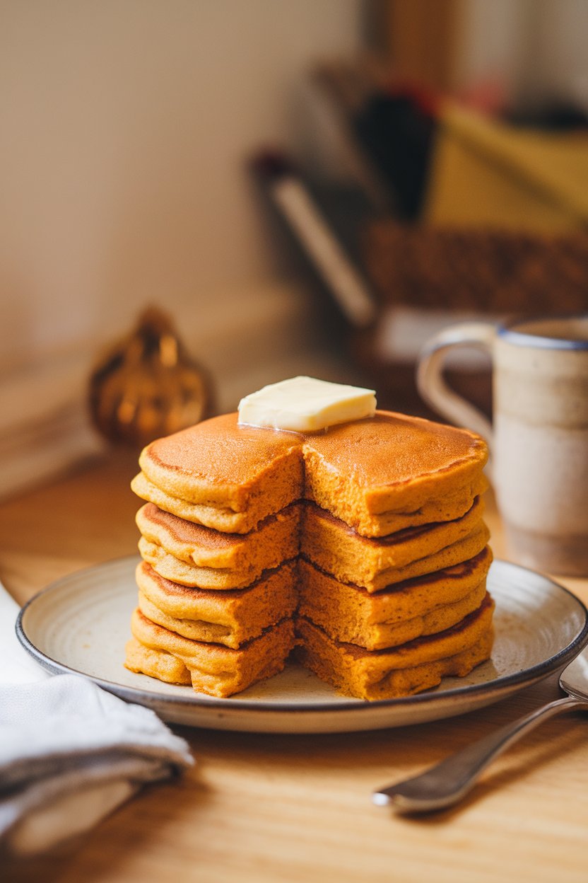 Indoor breakfast nook with a stack of fluffy pumpkin pancakes, pat of butter melting on top. No text or logos.