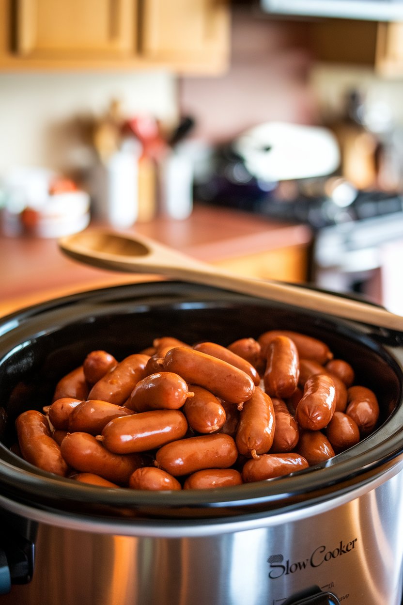 An indoor slow cooker filled with cocktail sausages coated in shiny bourbon-brown sugar sauce, a wooden spoon resting on the edge—no text or logos. Photo, not illustration.