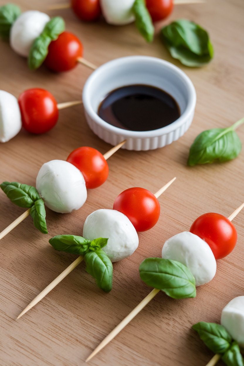 Indoor photo of toothpick skewers with cherry tomato, mozzarella ball, and basil leaf, balsamic drizzle nearby, no text or logos.