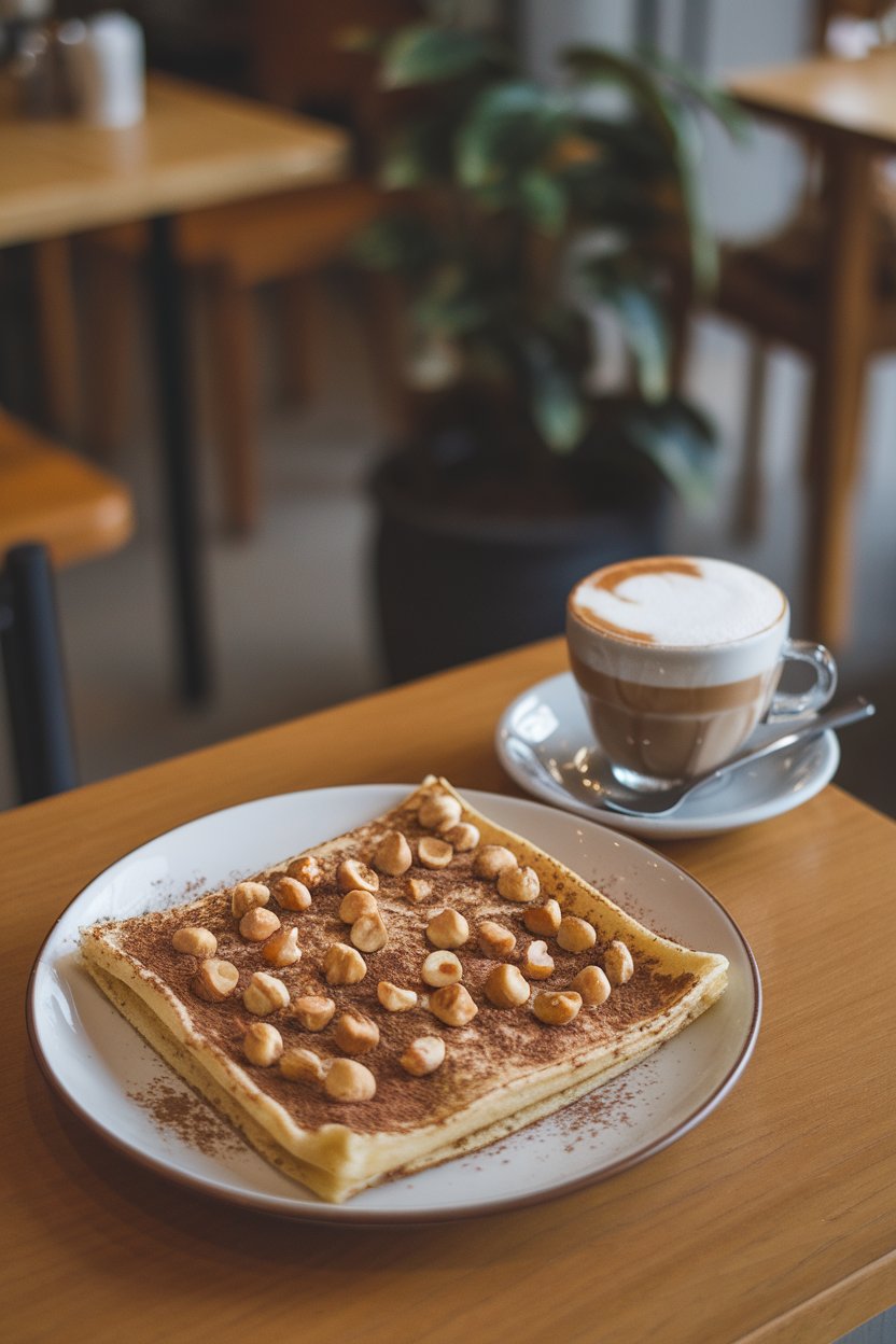 Pancake square with hazelnut pieces and a light cocoa dusting beside a cappuccino cup on an indoor cafe table, no text or logos.