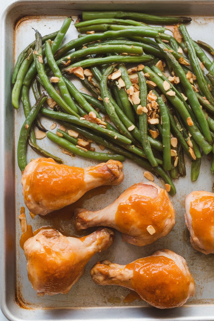 Indoor photo of chicken drumsticks glazed with apricot jam, green beans roasted with toasted almond slivers on a sheet pan. No text or logos.